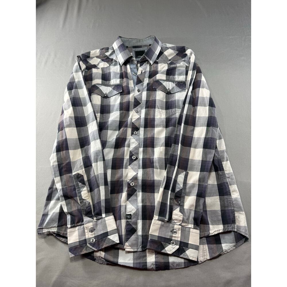 7 Diamonds Men’s Plaid Button Front Shirt Long Sleeve Gray Purple Western  L
